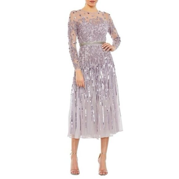 Mac Duggal Size 20 Purple 93633 Long Sleeve Sequin Beaded Midi Cocktail Dress - Picture 1 of 14